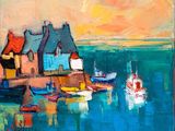 a painting of boats in the water by the shore