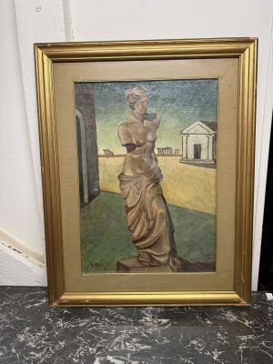 tableau représentant une femme tenant un vase sur une table en marbre