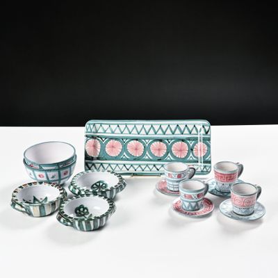 Plusieurs tasses et soucoupes sont posées sur une table, avec une boîte en arrière-plan.