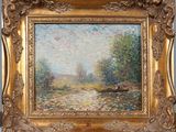 un tableau représentant un paysage avec des arbres et des fleurs, dans un cadre doré