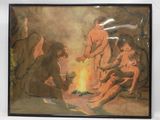 tableau représentant un groupe de personnes assises autour d'un feu dans une grotte