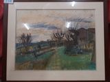 tableau représentant un paysage, dans un cadre en bois, accroché à un mur rouge