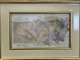 tableau représentant une femme avec des fleurs, encadré et posé sur une table