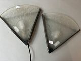 two fan shaped glass pieces on a white surface