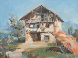 une peinture à l'huile représentant une maison sur une colline, avec un cheval devant