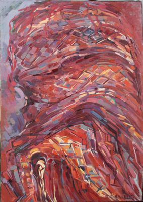 une peinture abstraite représentant une femme coiffée d'un chapeau rouge
