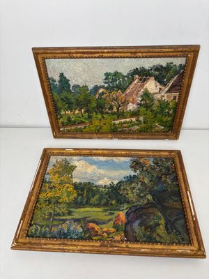 two paintings of horses in a field with a house in the background