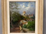 un tableau représentant une vue d'une ville avec un château en arrière-plan