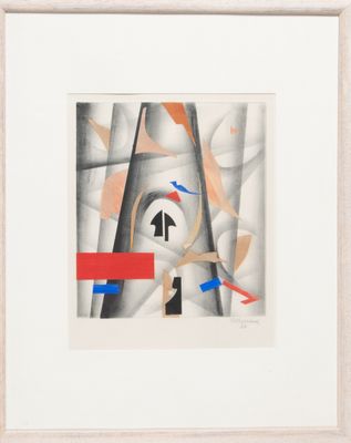 une image représentant une peinture d'une horloge avec une flèche rouge et une flèche bleue