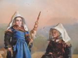 painting of two children dressed in traditional clothing sitting on a rock
