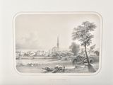 a picture of a picture of a town with a church in the background