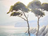 a painting of a couple of trees on a cliff by the water
