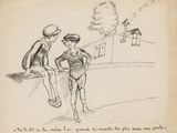 an old drawing of two boys sitting on a bench talking to each other