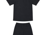 a black shirt and shorts are shown on a white background