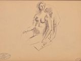 an old drawing of a woman sitting on a chair with her hands on her knees