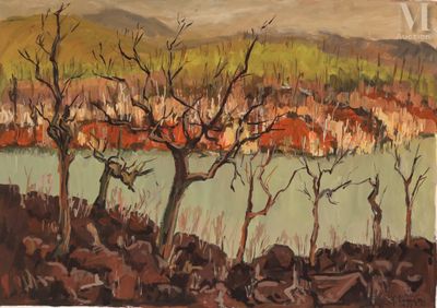 peinture d'un paysage avec des arbres et une rivière au premier plan