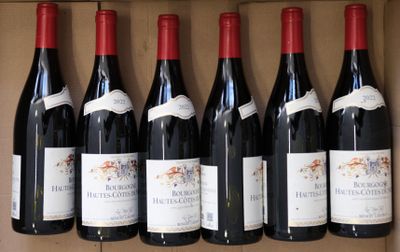 six bottles of red wine are lined up on a shelf