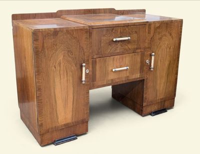 a wooden desk with two drawers and a cabinet