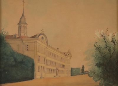 un tableau représentant un bâtiment surmonté d'une tour horloge