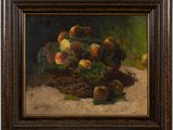 an oil painting of a basket of peachs on a table