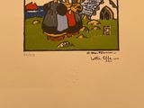 painting of a woman reading a newspaper in a field with a castle in the background