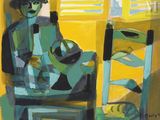 une peinture représentant un homme assis sur une chaise