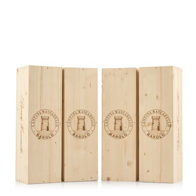 three wooden boxes with a logo on them sitting next to each other