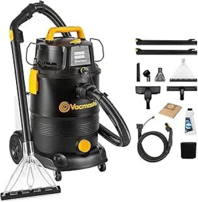 un aspirateur noir et jaune avec des accessoires, sur fond blanc