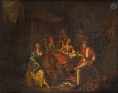 tableau représentant un groupe de personnes assises autour d'une table en train de jouer aux cartes