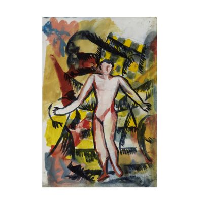 une image représentant un tableau où l'on voit un homme debout devant un palmier