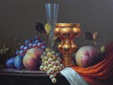 a painting of a still life with fruit and a gold goblet