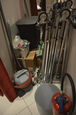 a room with a bunch of tools on the floor