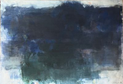 an abstract painting of blue and green on a white background