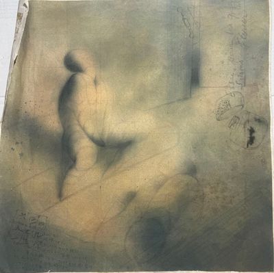 an image of a drawing of a person walking in the snow