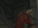 an oil painting of a man in a red suit with a hammer in his hand