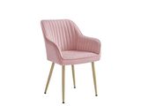 a pink chair with wooden legs on a white background