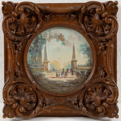 un vieux cadre contenant un tableau représentant des personnes dans un parc