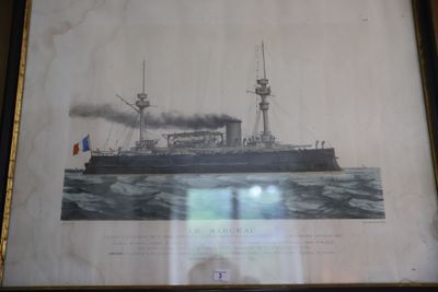 tableau représentant un grand navire dont la cheminée crache de la fumée
