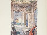 a drawing of a woman sitting at a table in a dining room