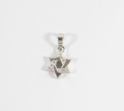 a close up of a star of david pendant on a white background