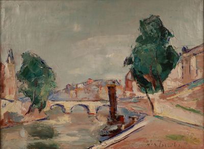 tableau représentant une rivière, avec des arbres et des bâtiments en arrière-plan