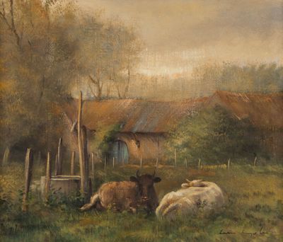 un tableau représentant deux vaches dans un champ, avec une grange en arrière-plan