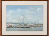 une image représentant une peinture d'une scène portuaire avec des bateaux sur l'eau
