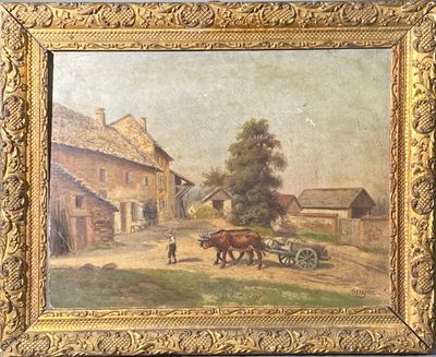 tableau représentant une scène de vie à la ferme avec une calèche tirée par un cheval et un agriculteur