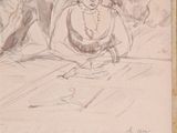 drawing of a group of people sitting around a table in a room