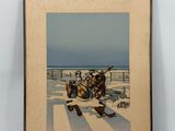 painting of a motorcycle with a man on the back of it on a white surface