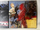 two paintings of a man and a woman on a horse