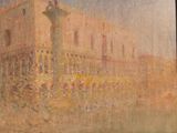painting of a building with a clock tower in the middle of it