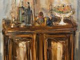 une peinture à l'huile représentant une armoire en bois sur laquelle est posé un bol de fruits