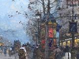 painting of a city street scene with people walking down the sidewalk
